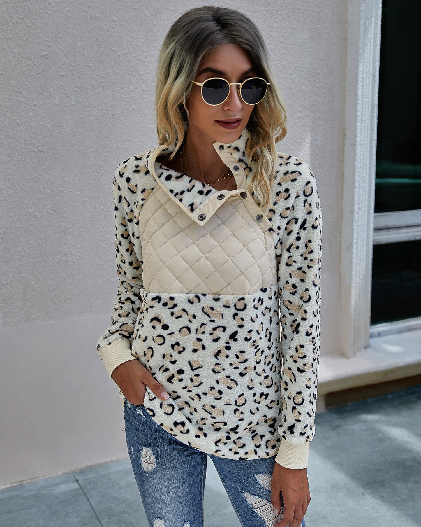 Fall Winter Leopard Splicing Plush Pullover Women Sweater