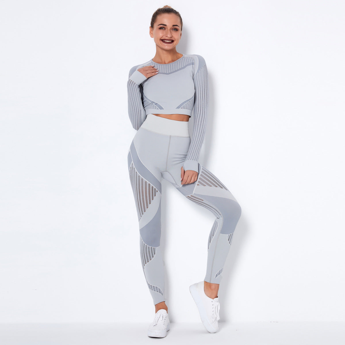 New  Seamless Net Hole Quick Drying Sports Yoga Long Sleeve Striped Fitness Trousers Yoga Suit