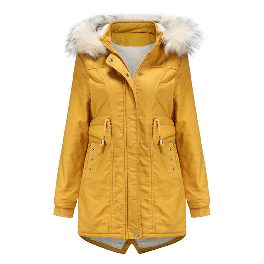 Women Cotton-Padded Clothes Fleece  Mid-Length Detachable Hat Fur Collar Winter Warm Fleece Overcoat Woman Plus Size