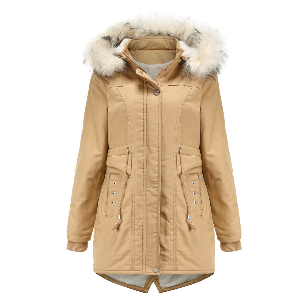 Women Cotton-Padded Clothes Fleece  Mid-Length Detachable Hat Fur Collar Winter Warm Fleece Overcoat Woman Plus Size
