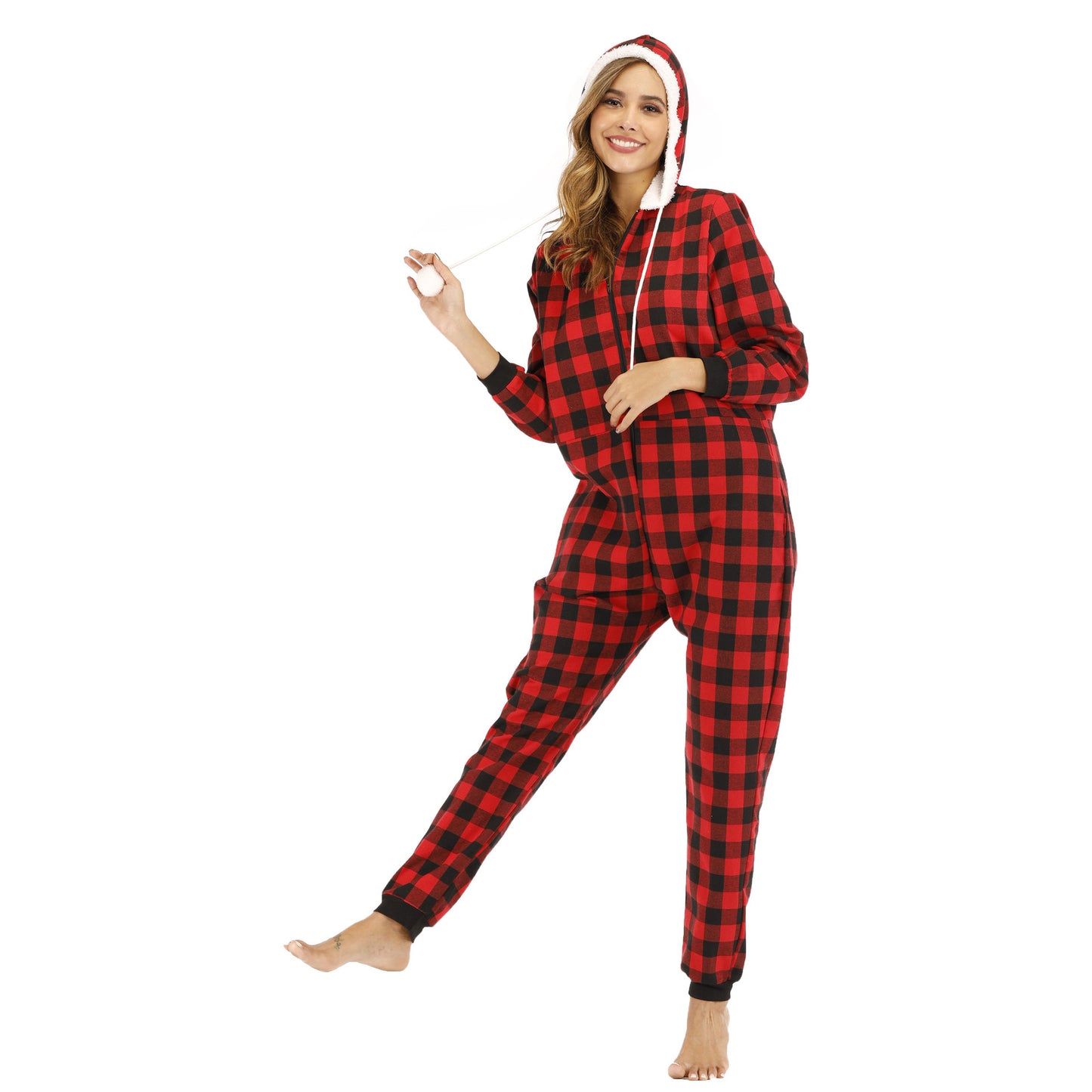 Popular Women Cotton Plaid Hooded Jumpsuit Home Wear Pajamas