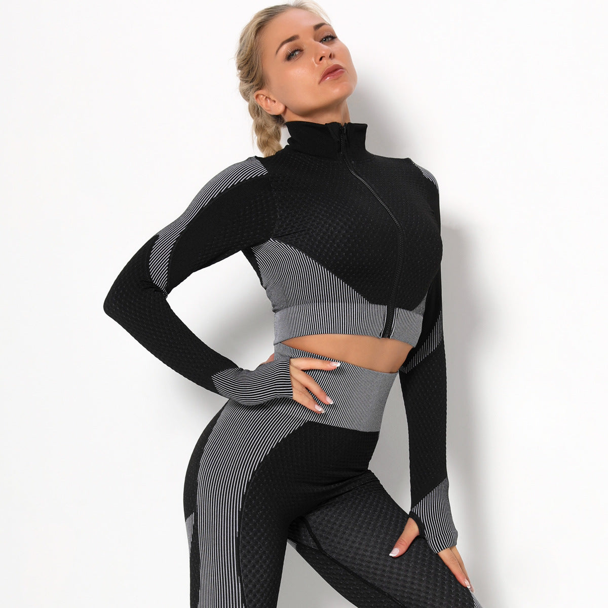 Popular Zipper Sports Tight Top Quick Dry Training Running Yoga Exposed cropped Seamless Long Sleeve