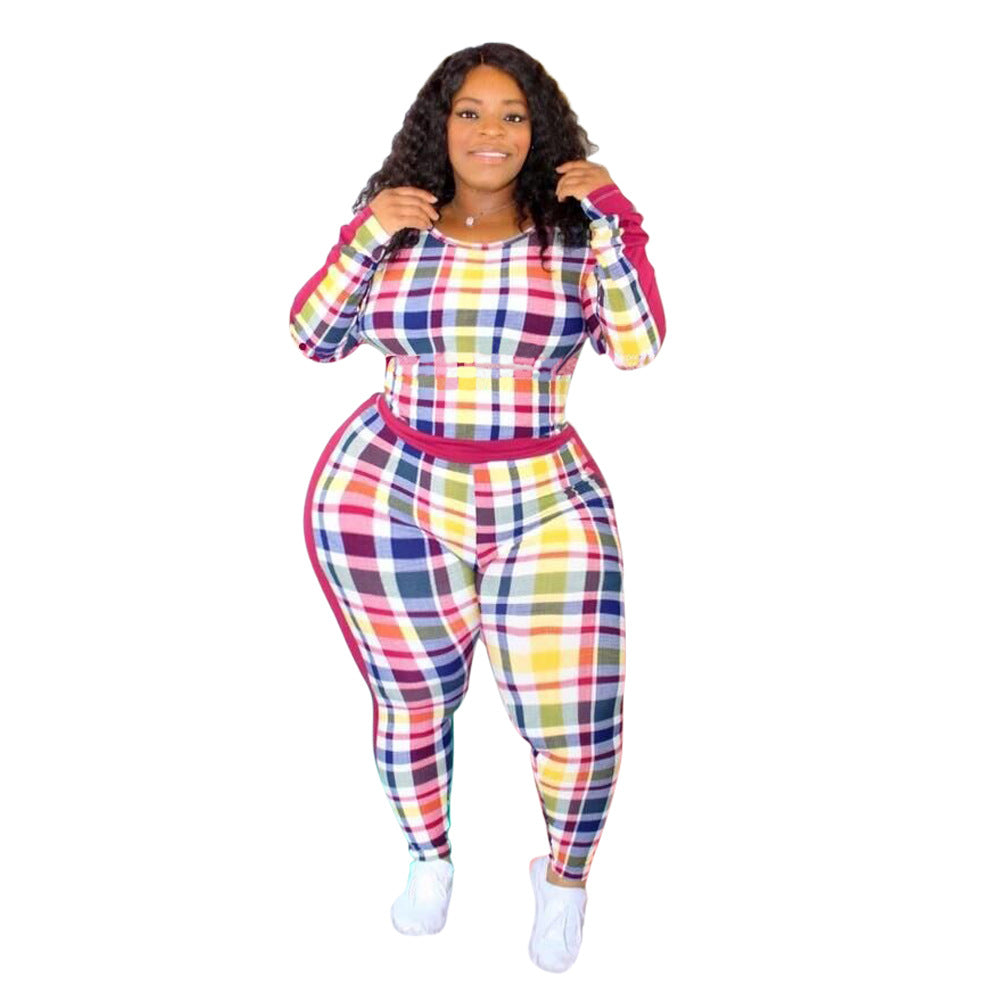 Plus Size Autumn Winter Long Sleeve Crew Neck Casual Tight Plaid Printed Women Suit