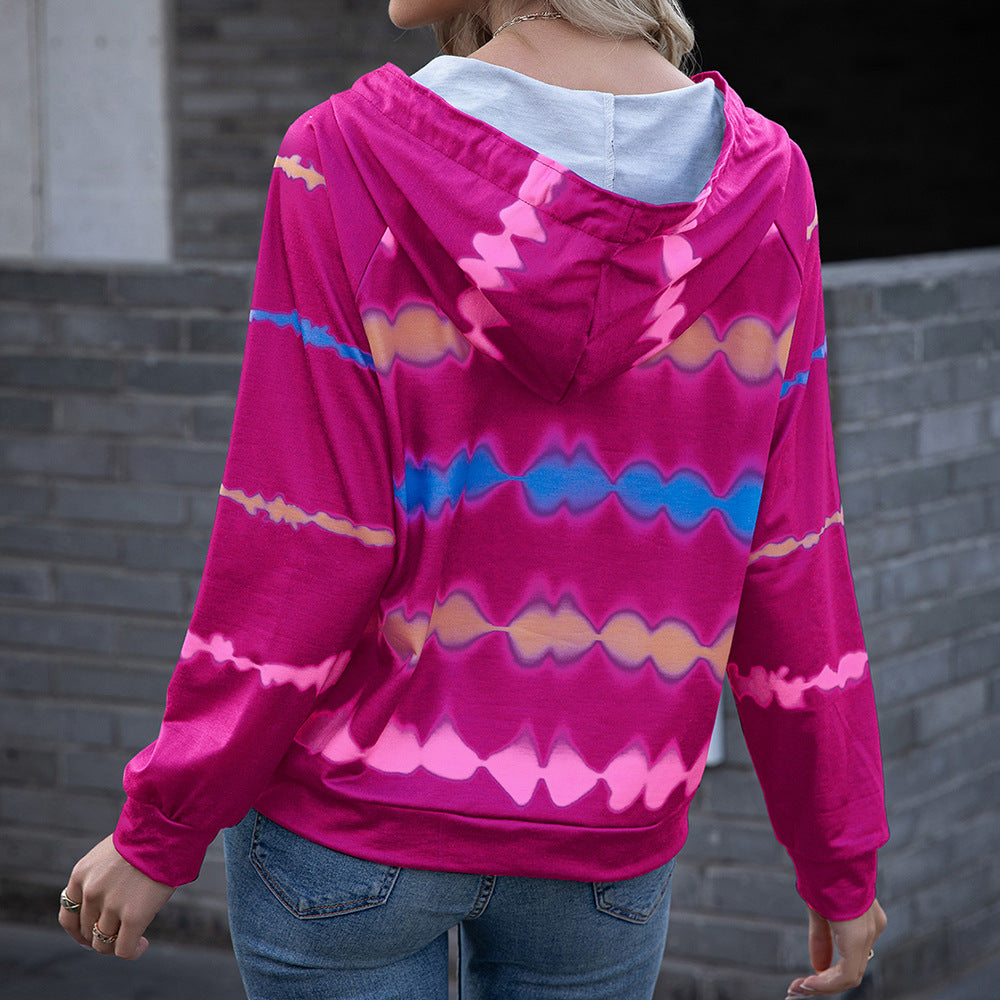 Autumn Winter New  Tie Dyed Hooded Sweater Loose Gradient Color Long Sleeve Top