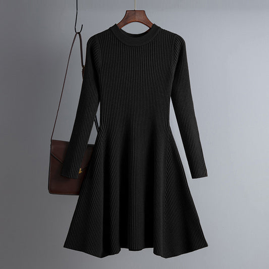 Women Knitted Long Sleeved Solid Color Slim Fit Bottoming Inner Wear A- line Dress