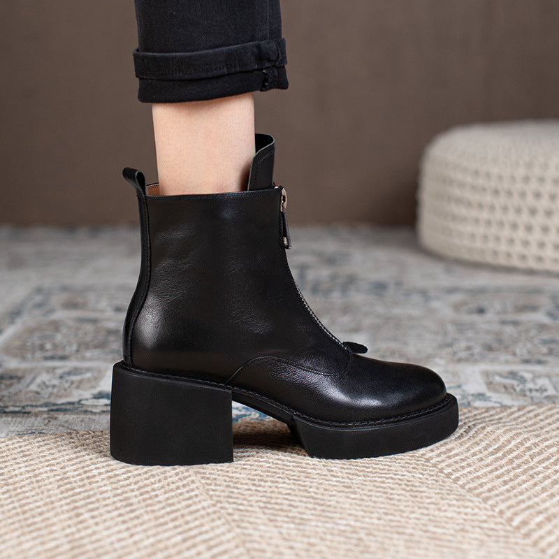 Women's Leather Platform Thick Heel Ankle Boots