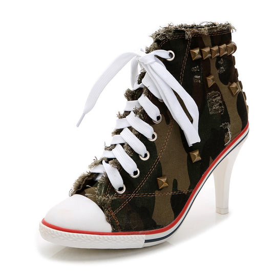 Denim High Heels Rivets Handmade Canvas Women's Single Shoes