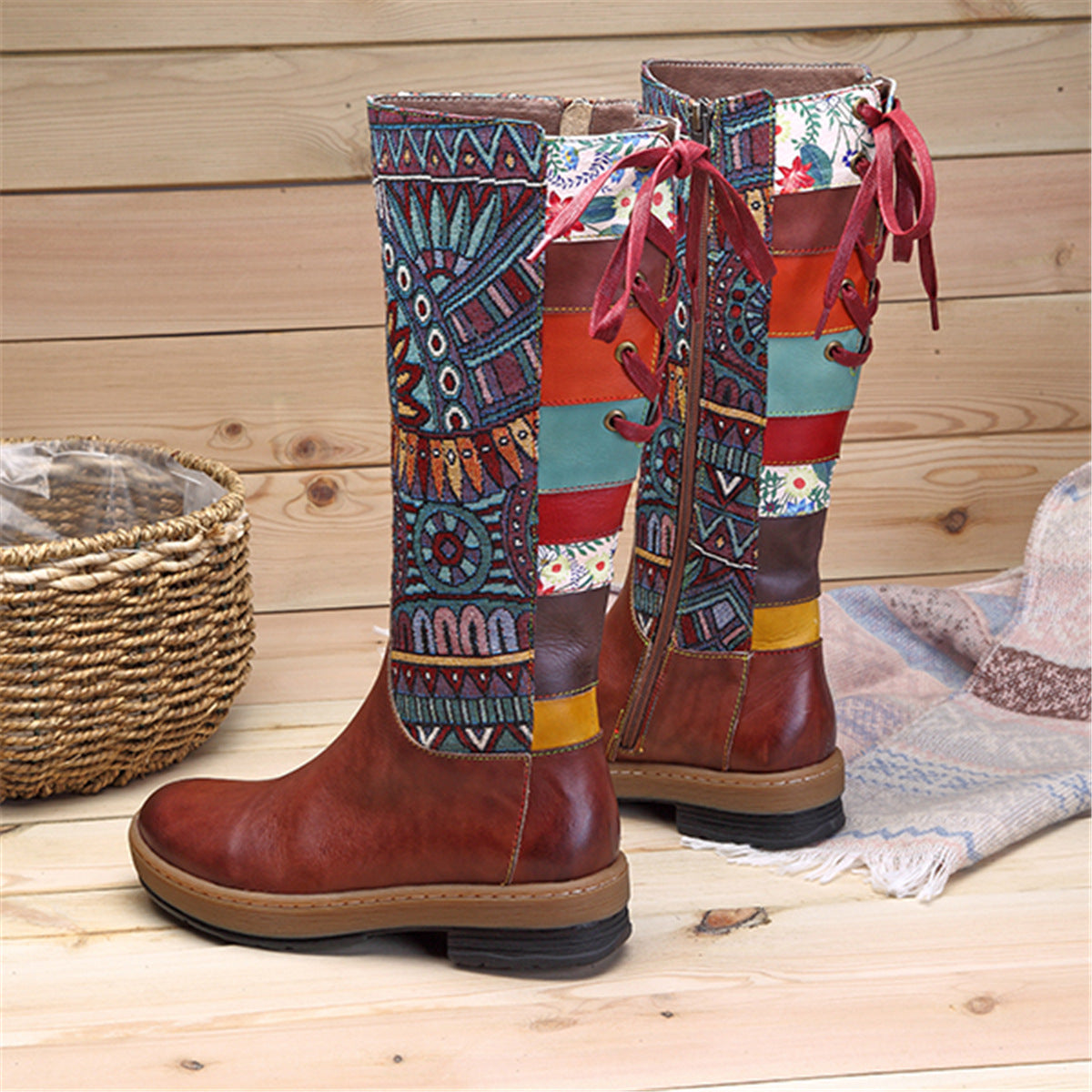 Vintage Mid-calf Boots Women Shoes Bohemian Retro Genuine Leather Motorcycle Boots Printed Side Zipper Back Lace Up Botas
