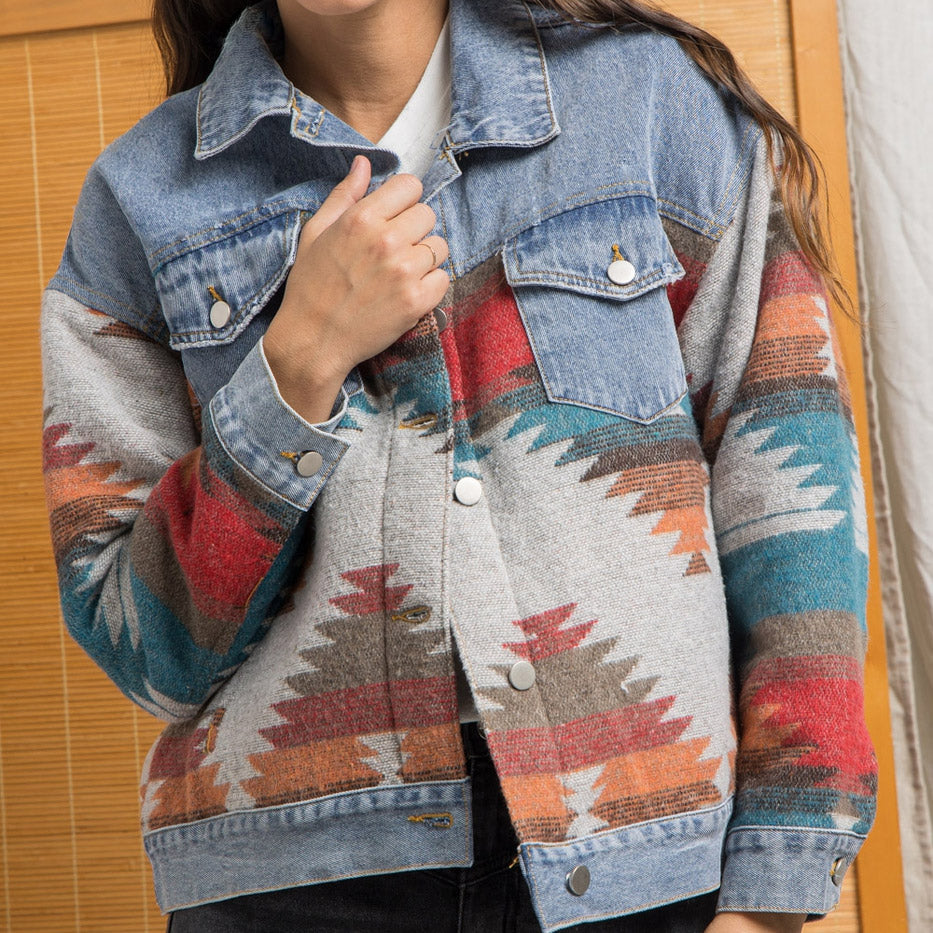 Long Sleeve Collared Loose Denim Patchwork Wool Coat Women Aztec Vintage Jacket