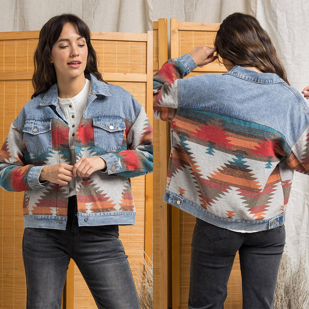 Long Sleeve Collared Loose Denim Patchwork Wool Coat Women Aztec Vintage Jacket