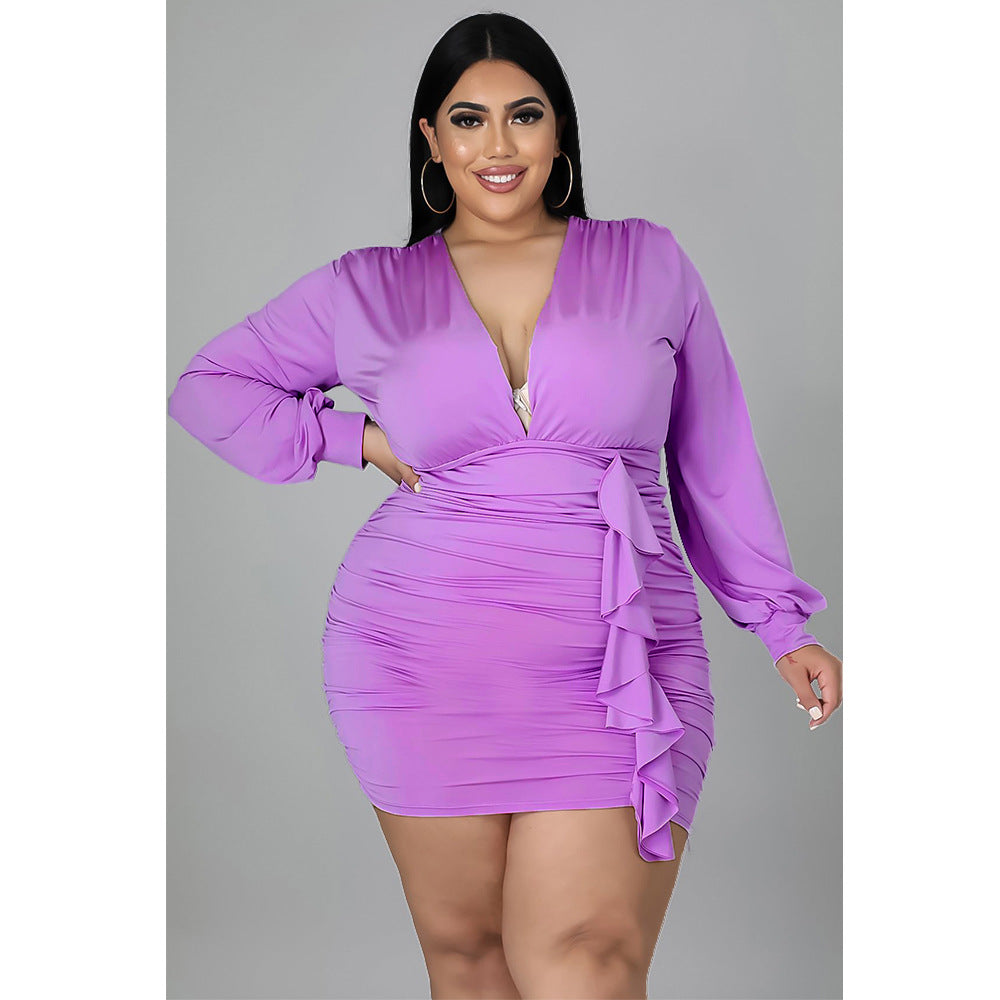 Plus Size New Arrival  Women Clothing Solid Color Pleated Sexy Sheath  Dress