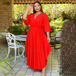 Plus Size Solid Color Casual Dress Bell Sleeve V-neck Cinched Swing Dress