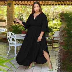 Plus Size Solid Color Casual Dress Bell Sleeve V-neck Cinched Swing Dress