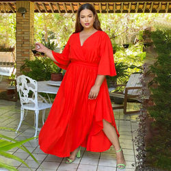 Plus Size Solid Color Casual Dress Bell Sleeve V-neck Cinched Swing Dress