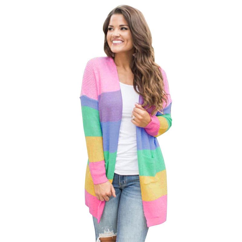Sweater Women Rainbow Contrast Striped Sweater Women  Long-Sleeve Cardigan Sweater Coat