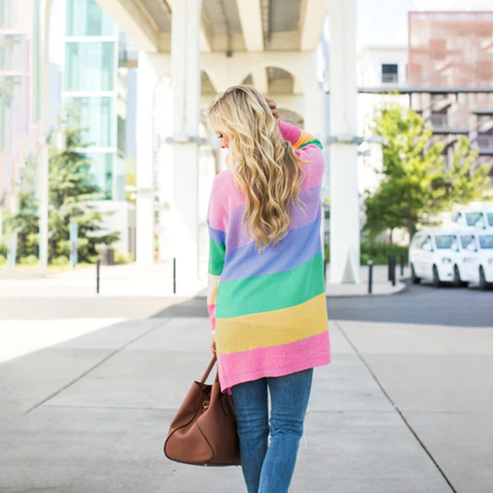 Sweater Women Rainbow Contrast Striped Sweater Women  Long-Sleeve Cardigan Sweater Coat