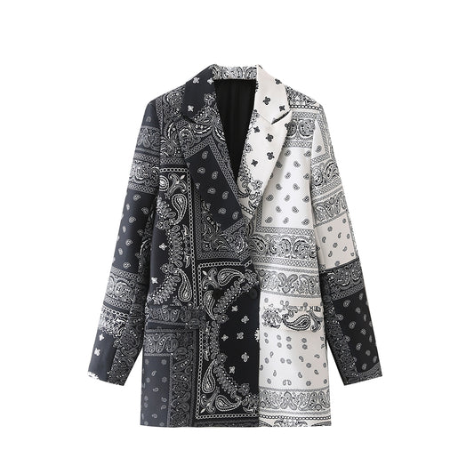 Women Double-Breasted Color Matching Printed Blazer
