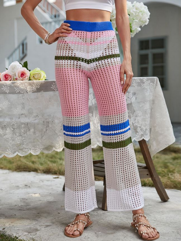 Crochet Spring Summer Fashion Elastic Waist  Knitted Mid-Waist Trousers Stitching Color Straight Casual Trousers Crochet
