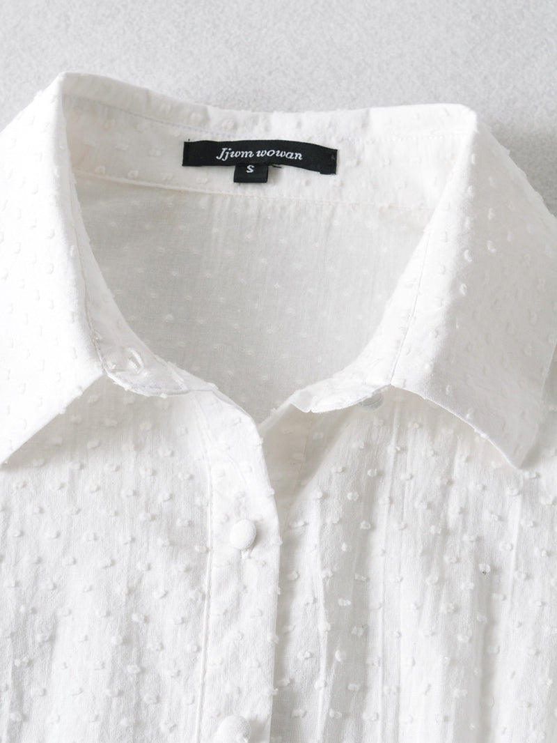 Spring Summer Cotton Cut Floral Shirt Dress Collared Waist Tight Front Row Buttons Short