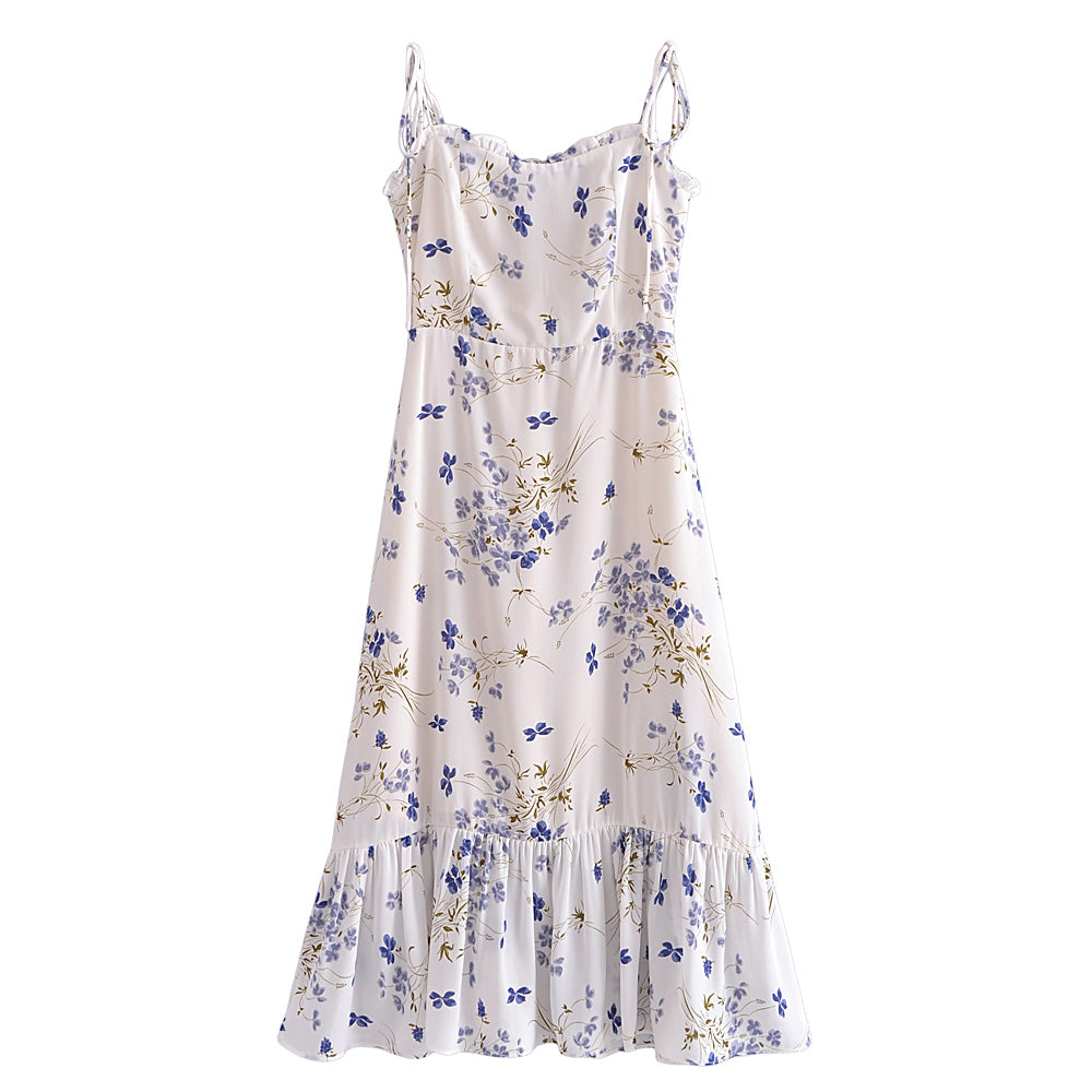 Summer Vintage Small Floral Printed Ruffled Collar Slim Fit Slimming Spaghetti Straps Dress