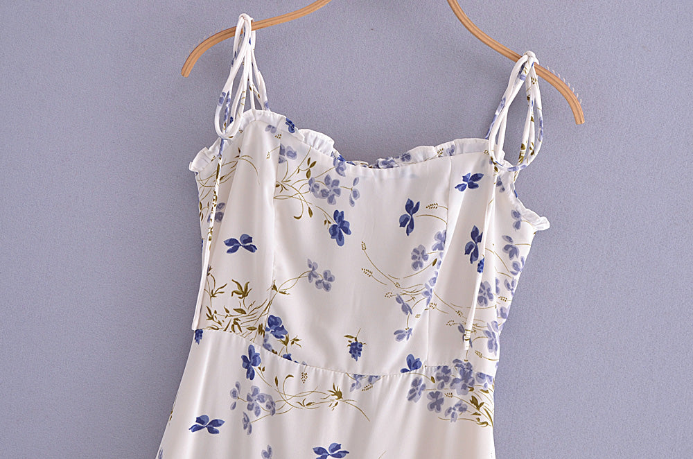 Summer Vintage Small Floral Printed Ruffled Collar Slim Fit Slimming Spaghetti Straps Dress