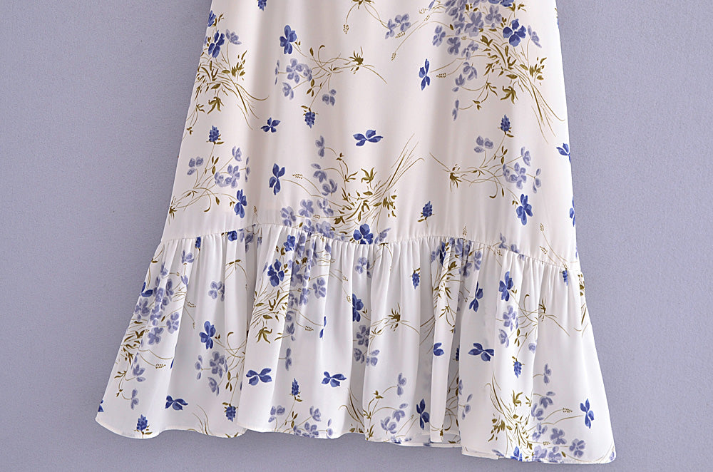 Summer Vintage Small Floral Printed Ruffled Collar Slim Fit Slimming Spaghetti Straps Dress