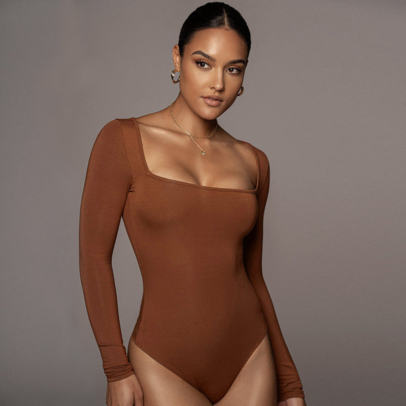 Sexy T-Shaped One-Piece Bottoming Shirt Autumn Women Clothing Tight Long Sleeve Square Neck Bodysuit