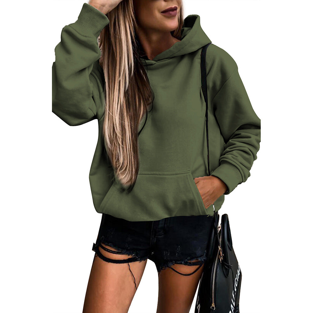 Autumn Winter Solid Color Pocket Hooded  for Women All Matching Long Sleeve Top