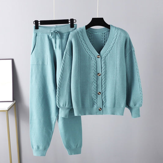 Winter Knitting Two Piece Twist Cardigan Solid Color Suit Sweater Women