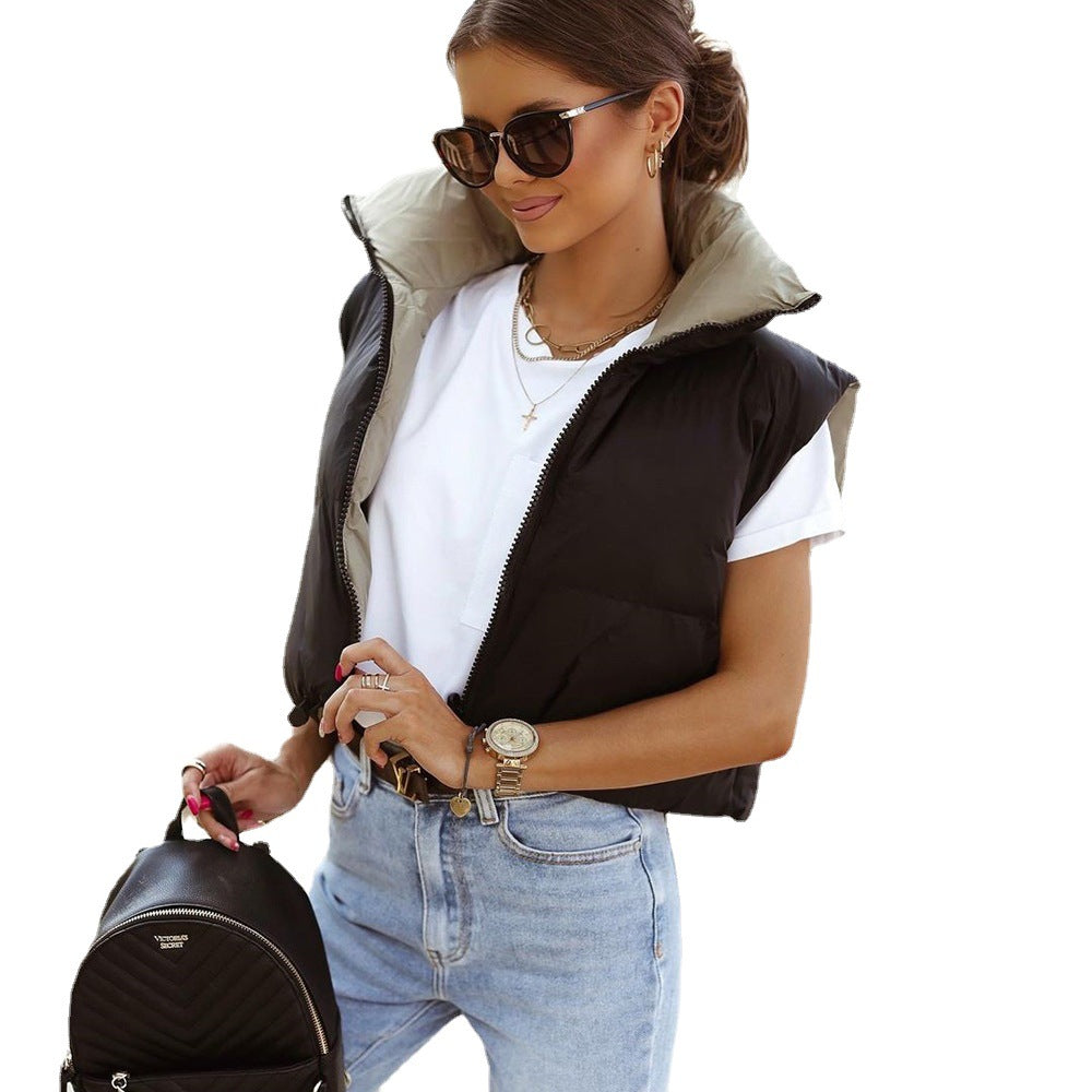 Women Vest Winter Double-Sided Cotton-Padded Jacket Stand Collar Zipper Sleeveless Short Shipment Coat