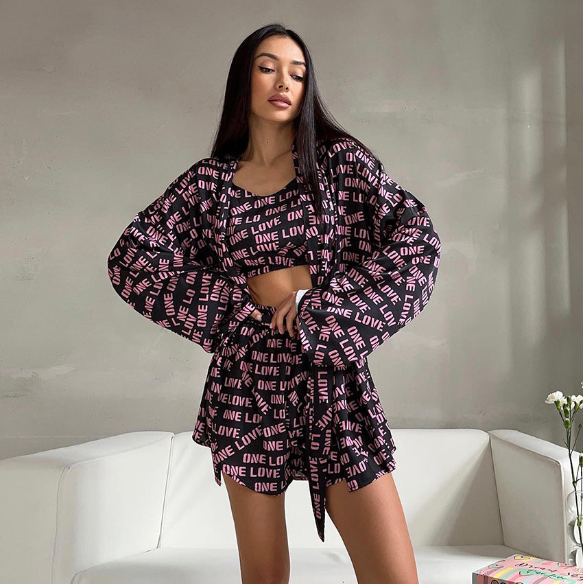 Summer Printed Sling Pajamas Casual Three Piece Set Comfortable Ladies Homewear