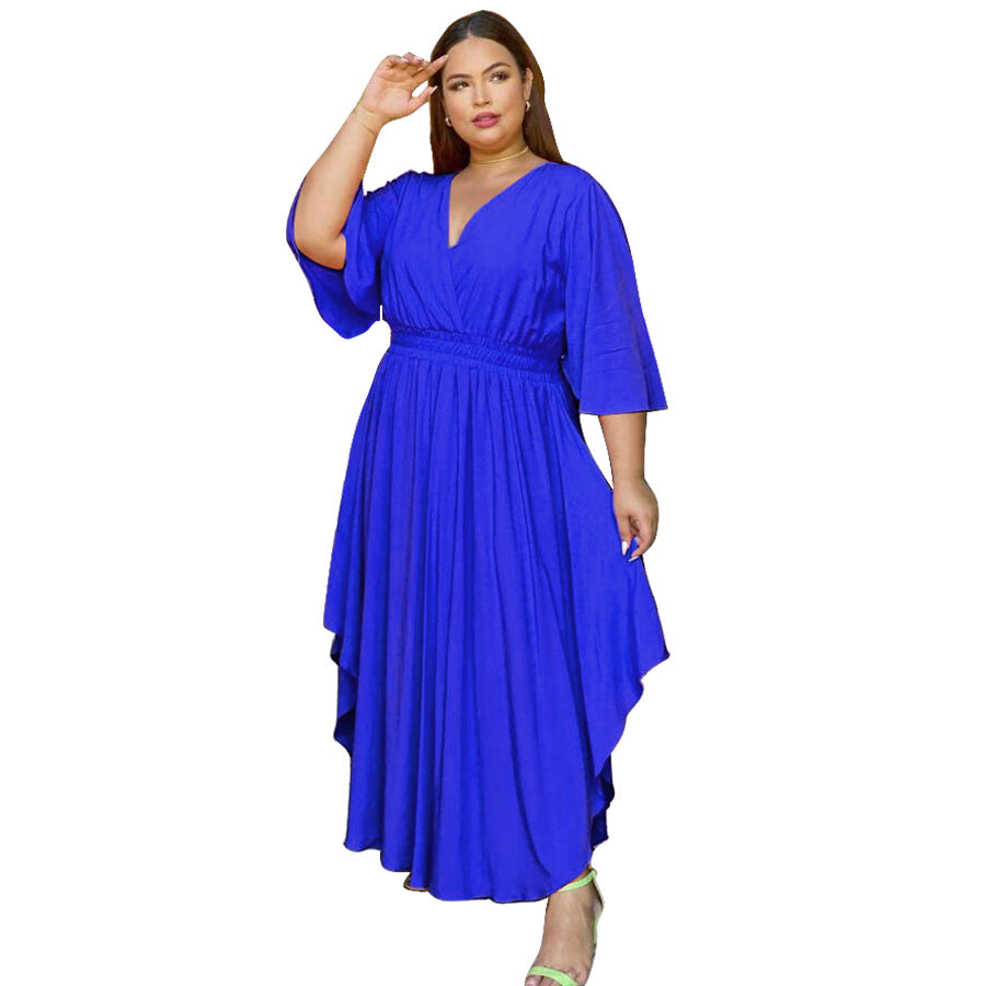 Plus Size Solid Color Casual Dress Bell Sleeve V-neck Cinched Swing Dress