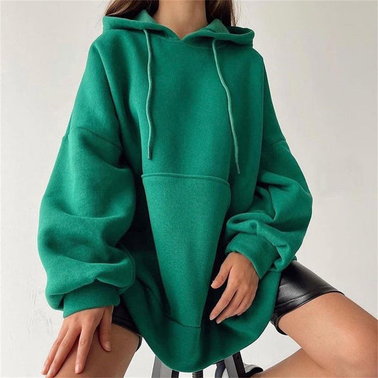 Women Clothing Autumn Winter Fleece-Lined Pullover Loose All Match Solid Color Hoodie  for Women