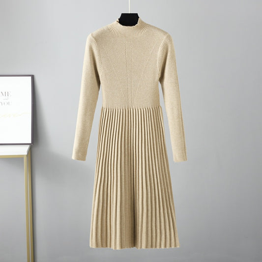 Autumn Winter Dress Solid Color Half Collar Thick below the Knees Mid Length Tight Waist Dress Soft Soft