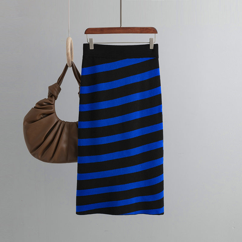 Striped Knitted Skirt Women  Slim Fit Slimming Mid Length One Step Skirt Hip Skirt