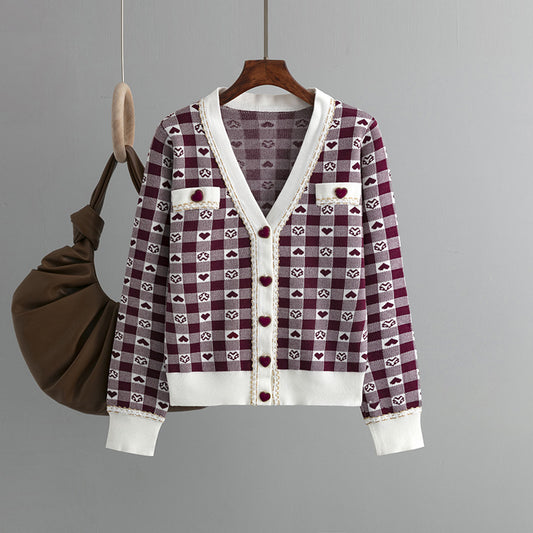 French Classic Love Plaid Knitwear Coat Women Autumn Winter Affordable Luxury High Sense Cardigan Top