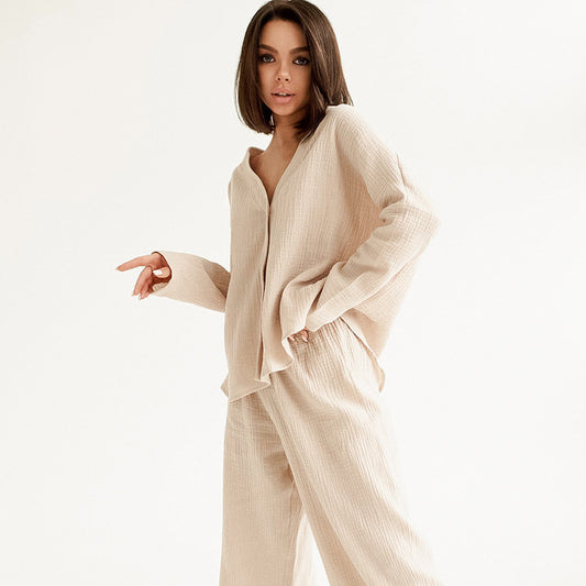 Crepe V-neck French Loose Comfortable Long Sleeve Pajamas Women Cotton Linen Homewear Set