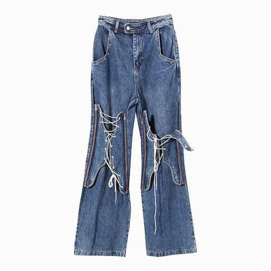 Autumn Winter Blue Color Loose Tied Same Design as Designer Personalized Minority Design Feeling Slightly Pull Jeans for Women