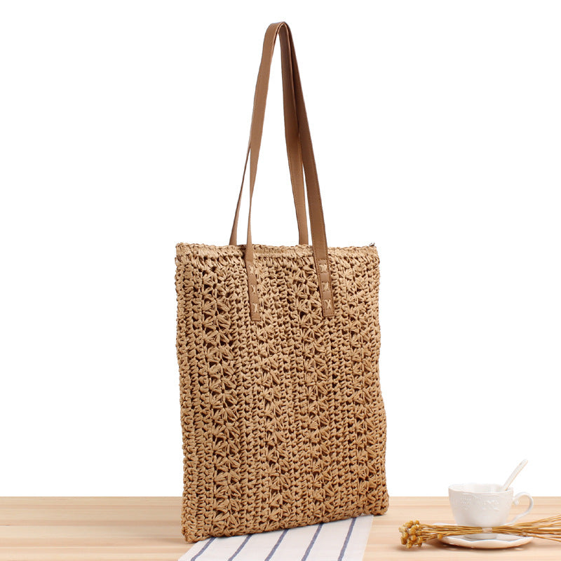 Hand-Woven Bag Mori Hand Carrying Seaside Holiday Square Straw Bag