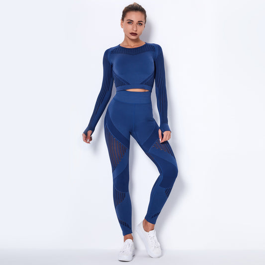New  Seamless Net Hole Quick Drying Sports Yoga Long Sleeve Striped Fitness Trousers Yoga Suit