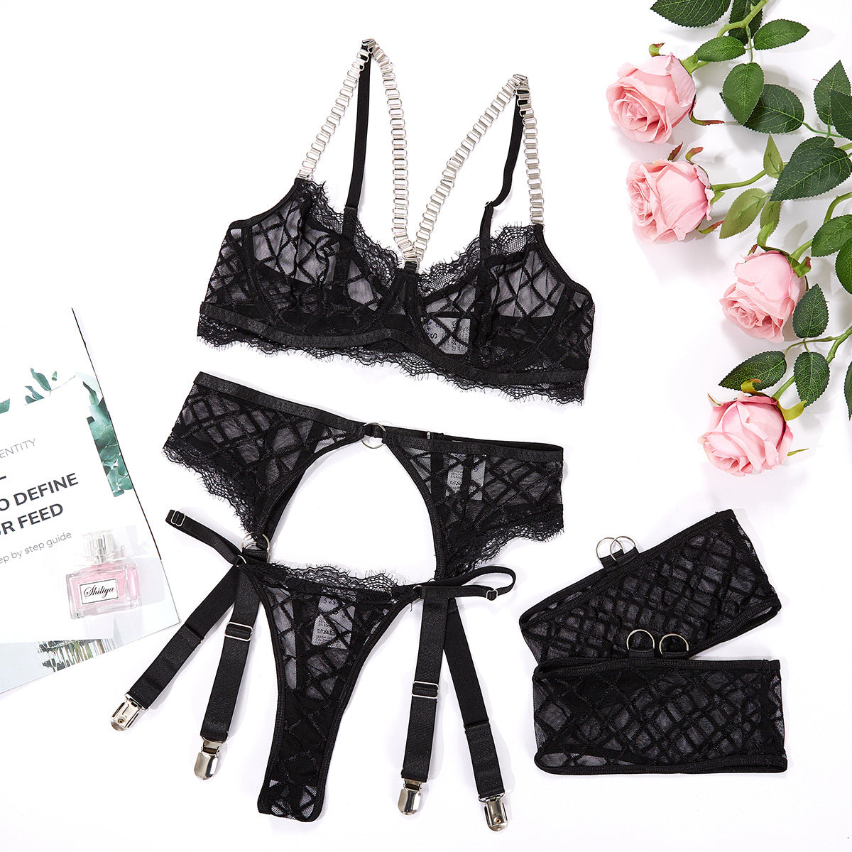 Lace Mesh See Through Seduction Sexy Lingerie Sexy Three Piece Set Women Clothing