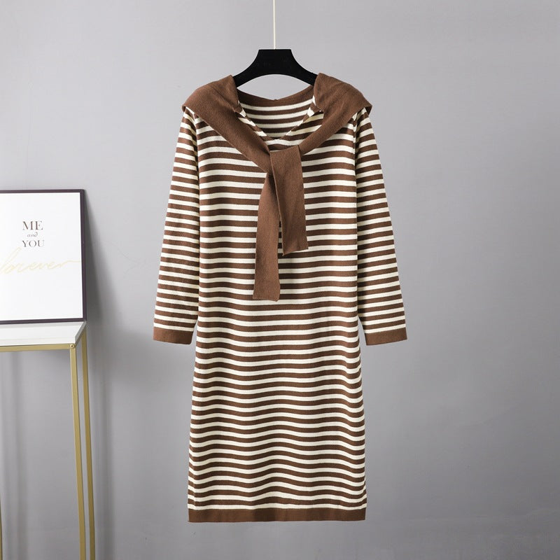 Autumn Winter Striped Slimming Long Sweater Shawl Western Sweater Women Dress