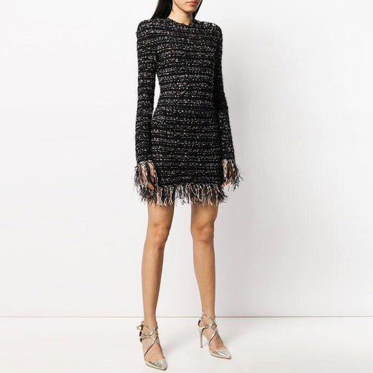 Bright Silk Woolen Fringe Long Sleeved Slim Fit Short Dress High Quality Women Clothing