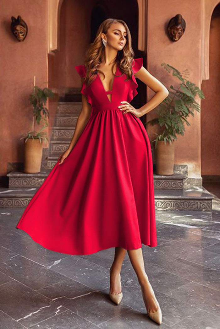 Women Clothing Multi Color Sexy Large Swing Deep V Plunge Plunge Dress Dress