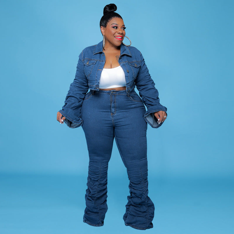 Plus Size Plus Size Women Clothing Autumn Winter Denim Two-Piece Suit Pleated Pile Pants