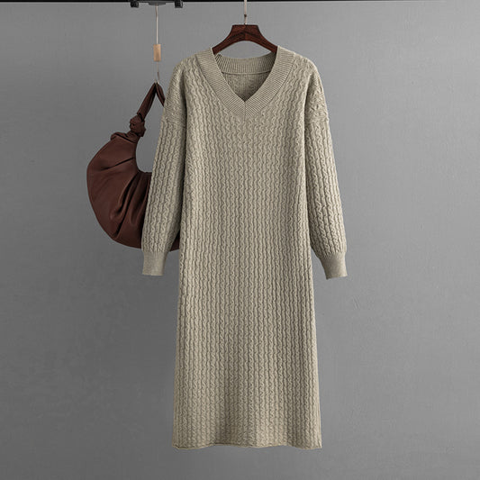 Women Mid Length Autumn Winter Knitting Dress V neck Twist Bottoming Sweater Dress Slit in the Back