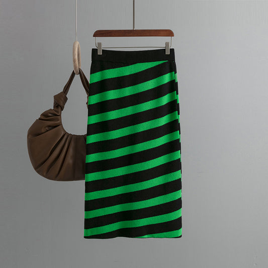 Striped Knitted Skirt Women  Slim Fit Slimming Mid Length One Step Skirt Hip Skirt