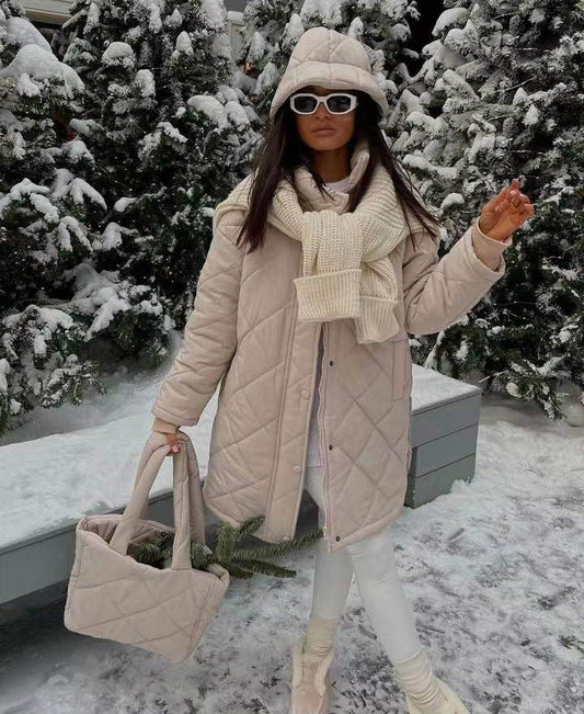 Autumn Winter Popular Diamond Lattice Stand up Collar Thermal Shoulder Bag Cotton Padded Clothes Outfit