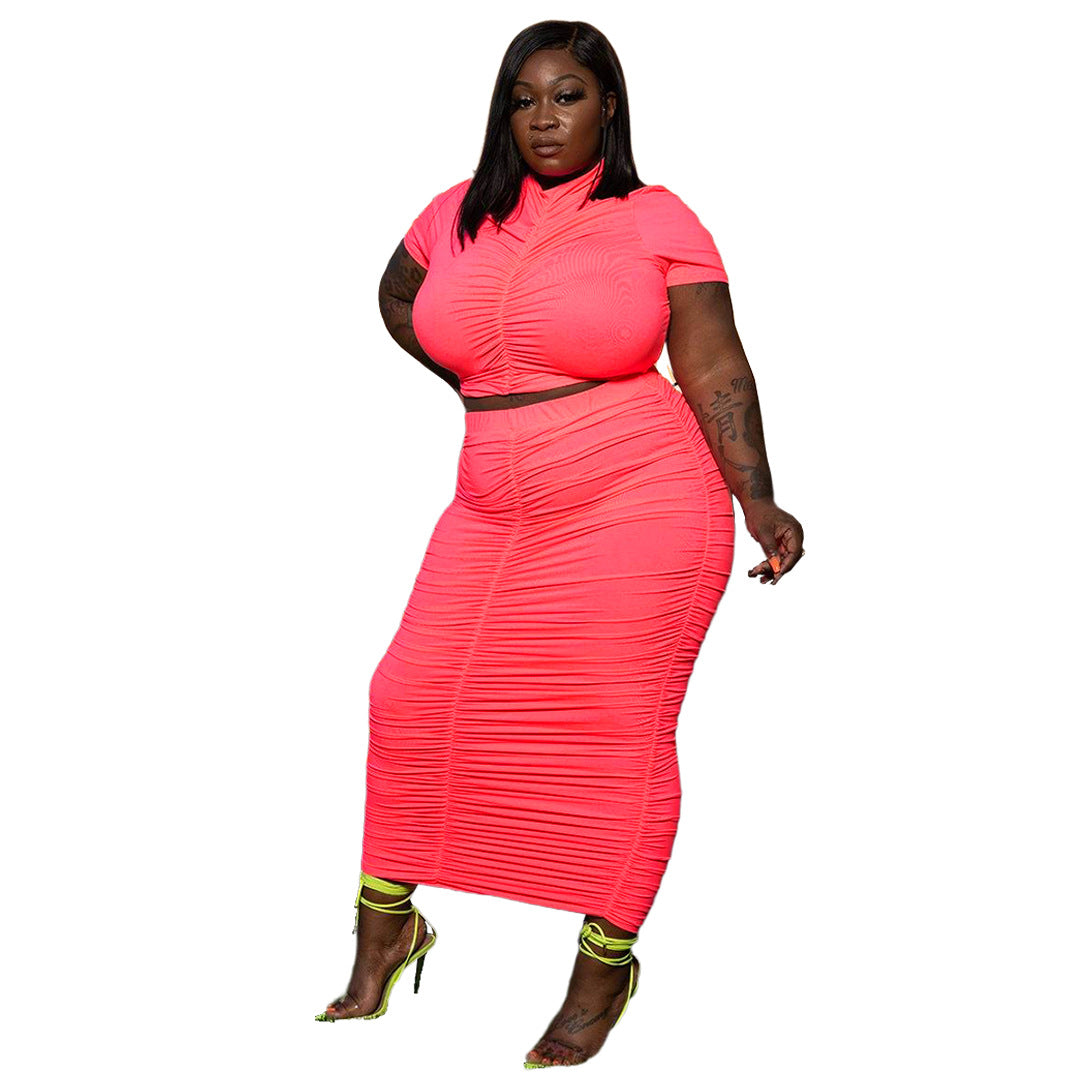Plus Size Plus Size Women Solid Color Pleated Super Elastic Skirt Set Two-Piece Set