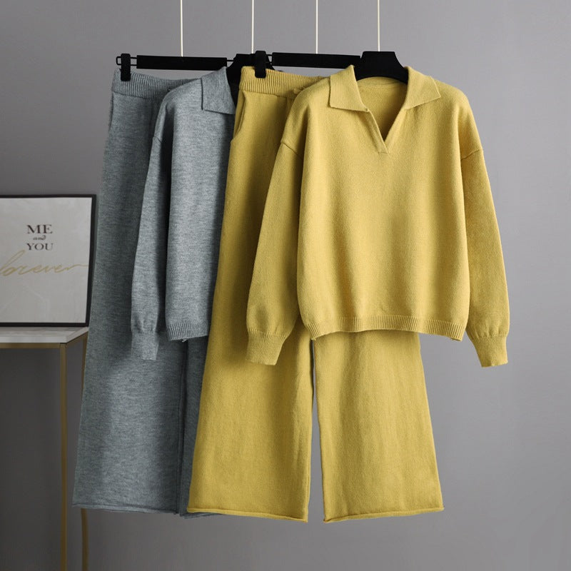 Autumn Winter Knitting Suit Women Loose Polo Collar Two Piece Set